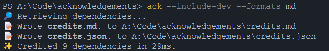 Using Acknowledgements in the Terminal, with specified Markdown output. 9 dependencies are added in 29ms.