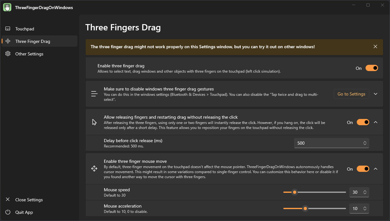 App screenshot: Three Fingers Drag tab