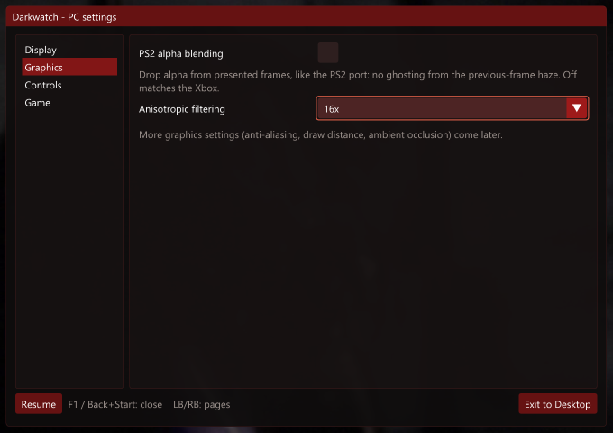 The in-game PC settings menu