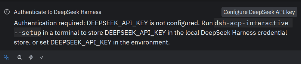 Zed's authentication panel: "Authenticate to DeepSeek Harness", a Configure DeepSeek API key button, and the message that DEEPSEEK_API_KEY is not configured