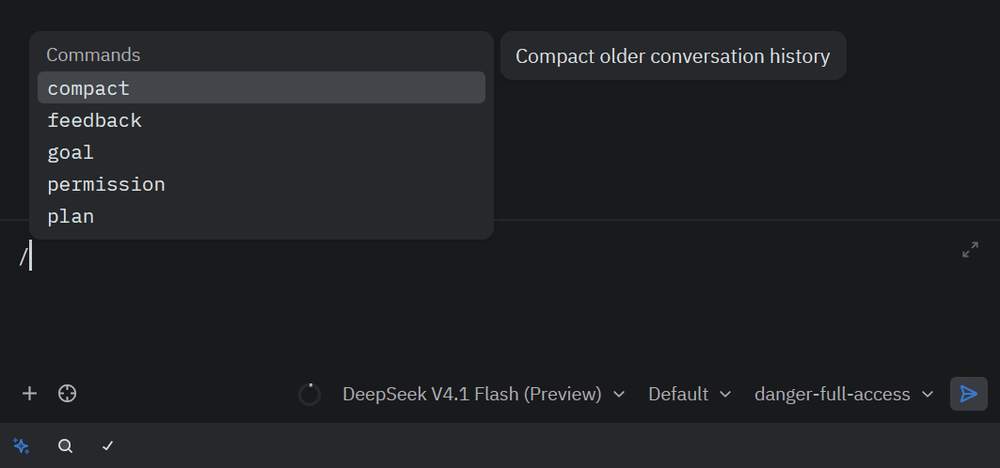Slash command palette showing compact, feedback, goal, permission, and plan