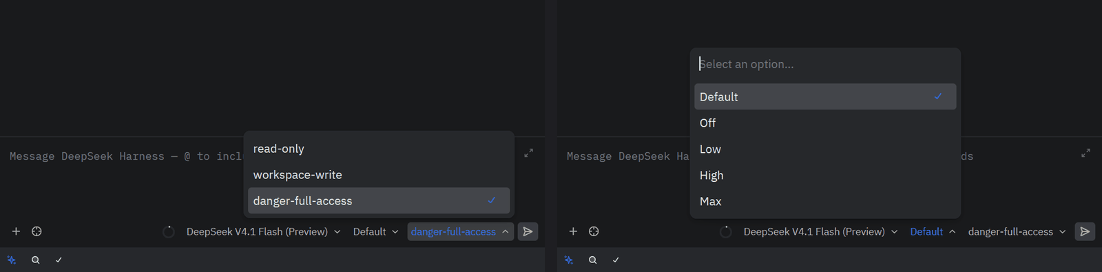 Permission preset selector (read-only, workspace-write, danger-full-access) and reasoning-effort selector (Default, Off, Low, High, Max)