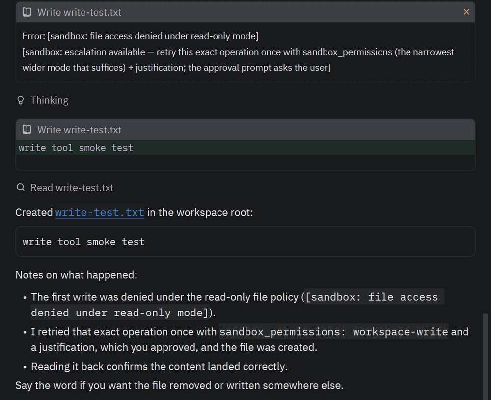 The approved write card with its content, the read-back, and the created file