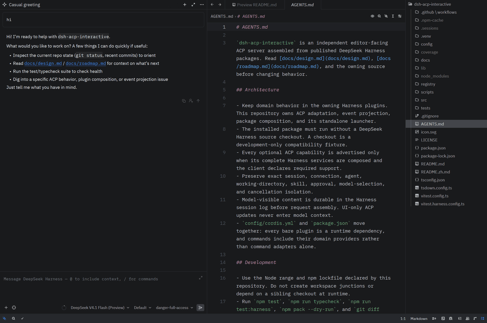 Zed agent panel running DeepSeek Harness Interactive next to the editor, with the model, reasoning-effort, and permission selectors in the composer