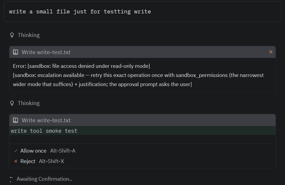 A write denied under read-only, then the escalated write awaiting Allow once or Reject