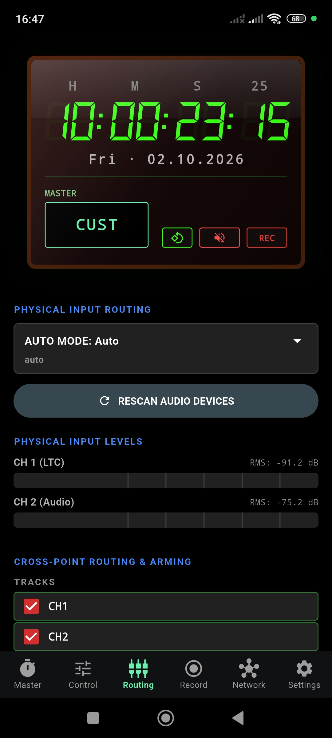 Routing showing Auto Mode with USB interface and two channels