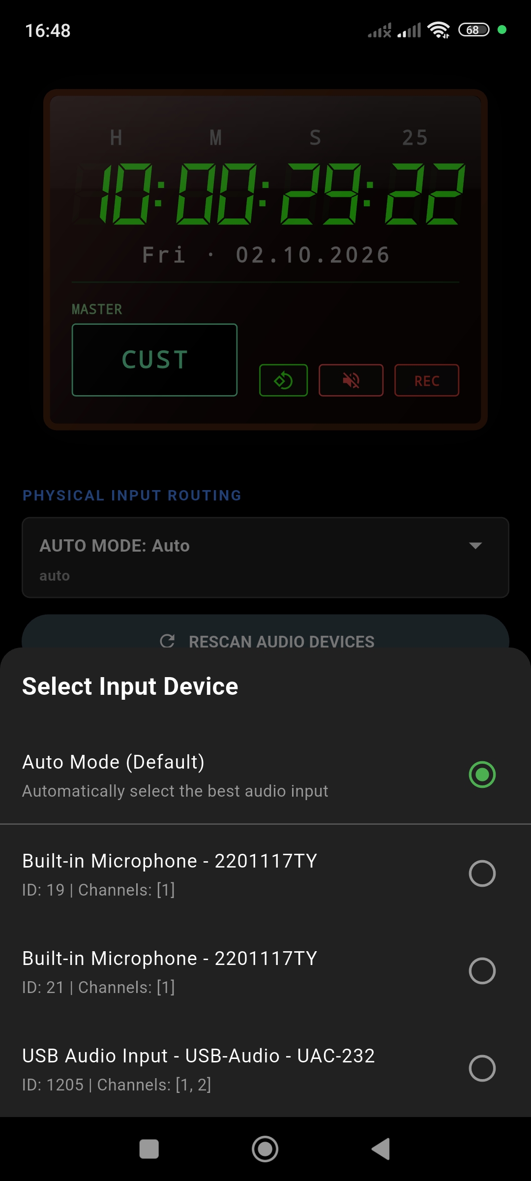 Input device selection menu opened with UAC-232
