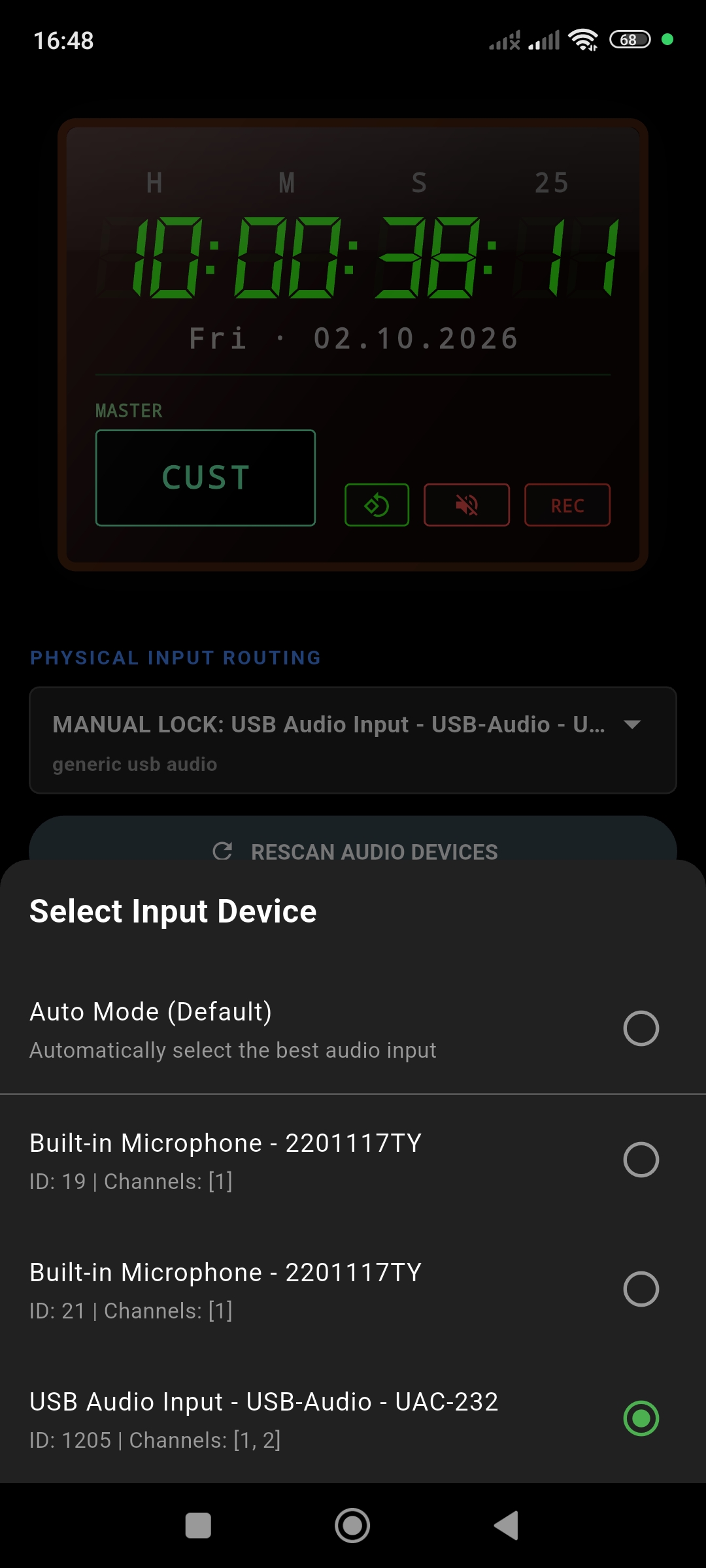 UAC-232 manually selected showing MANUAL LOCK