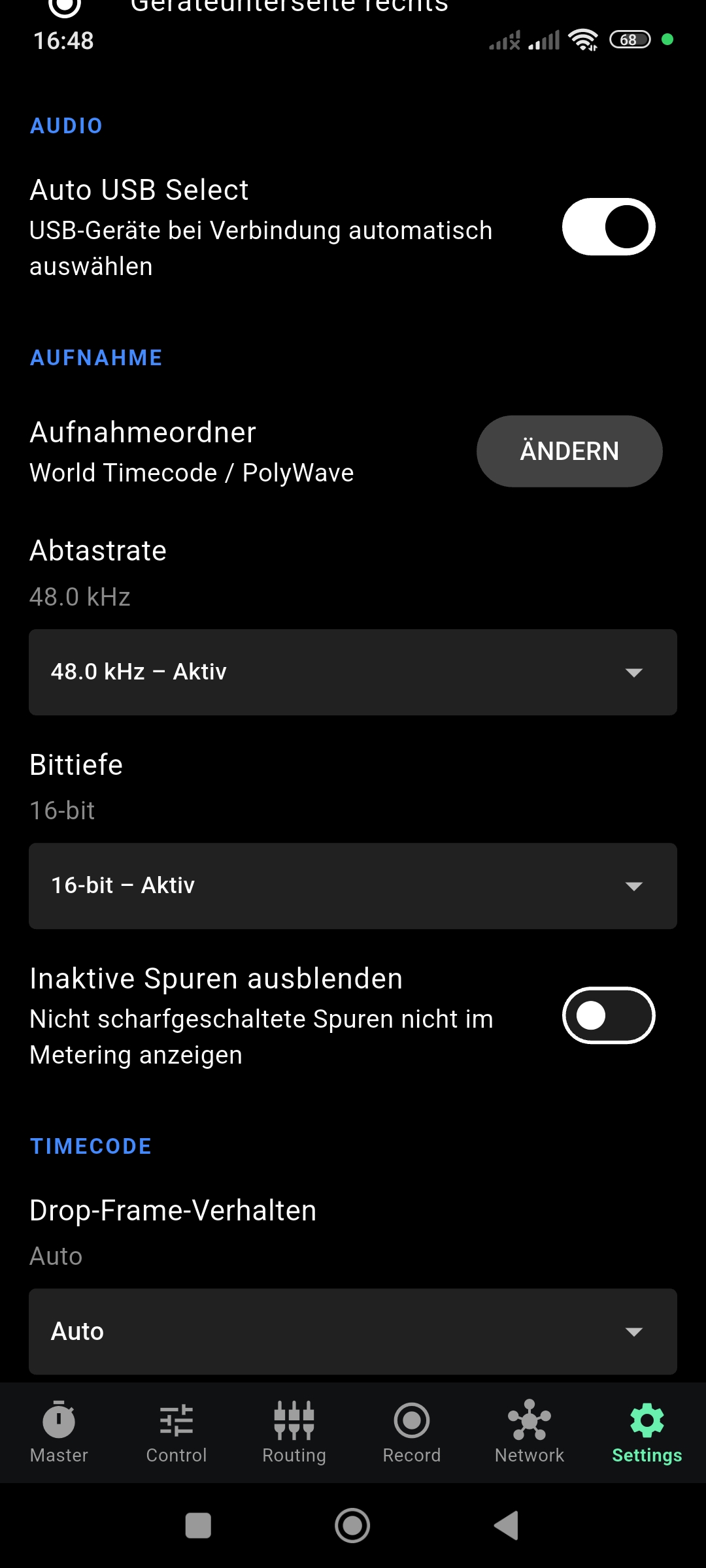 Settings showing Bit Depth as 16-bit Active