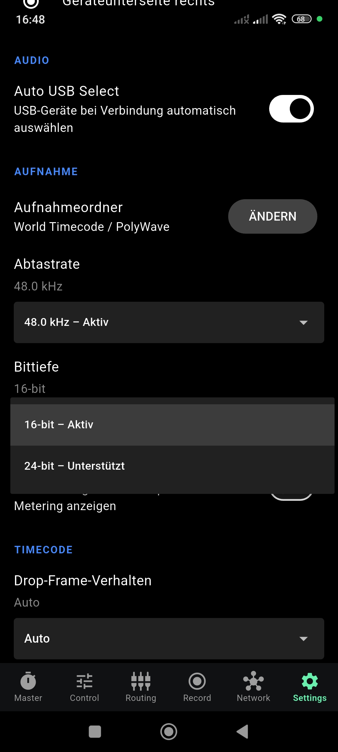 Bit depth menu opened showing 24-bit Supported