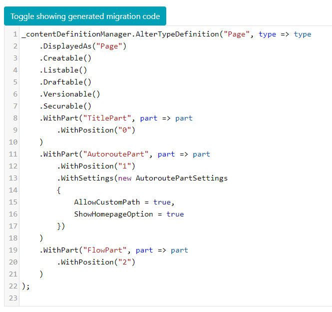 Content definition code generation textbox on the admin, showing generated migration code for the Page content type.