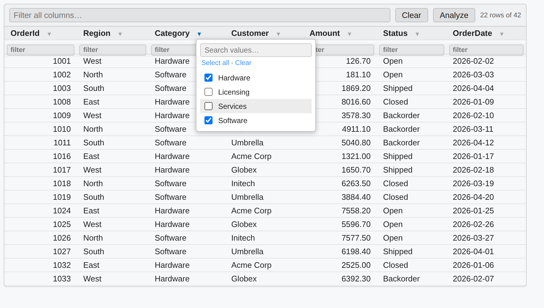 ClrKernel interactive results grid with a per-column value picker open