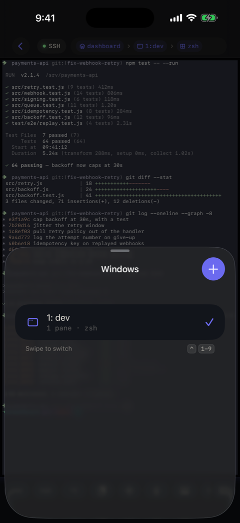 tmux window picker, each row carrying its agent's status