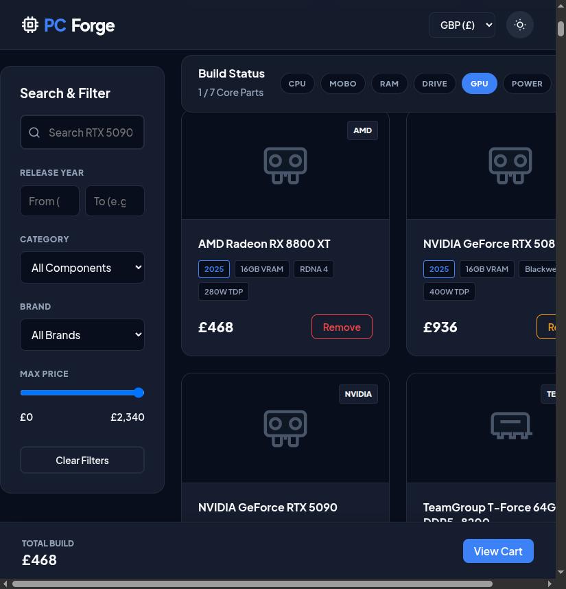 PCForge: component selected, compatibility badge active, running total updating