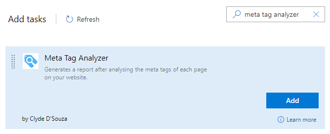 Picture of Meta Tag Analyzer task showing up in the list when adding a new task to your pipeline