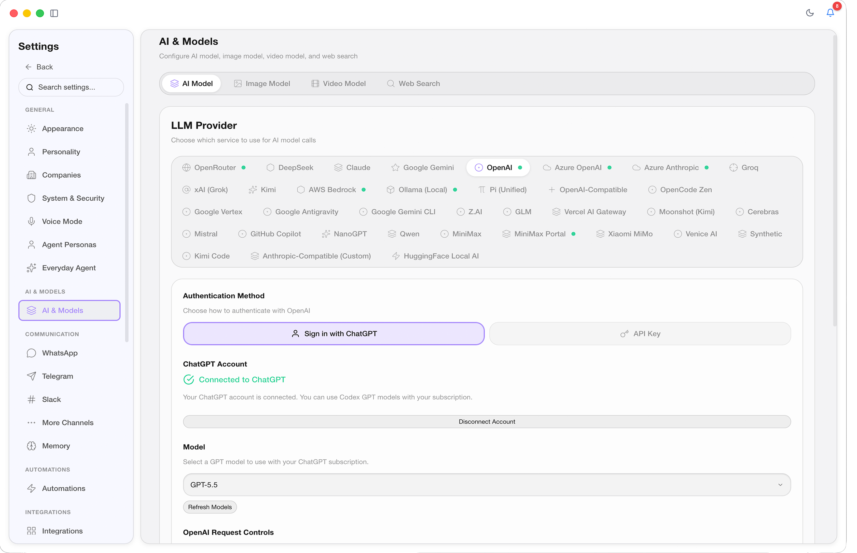 AI model provider settings