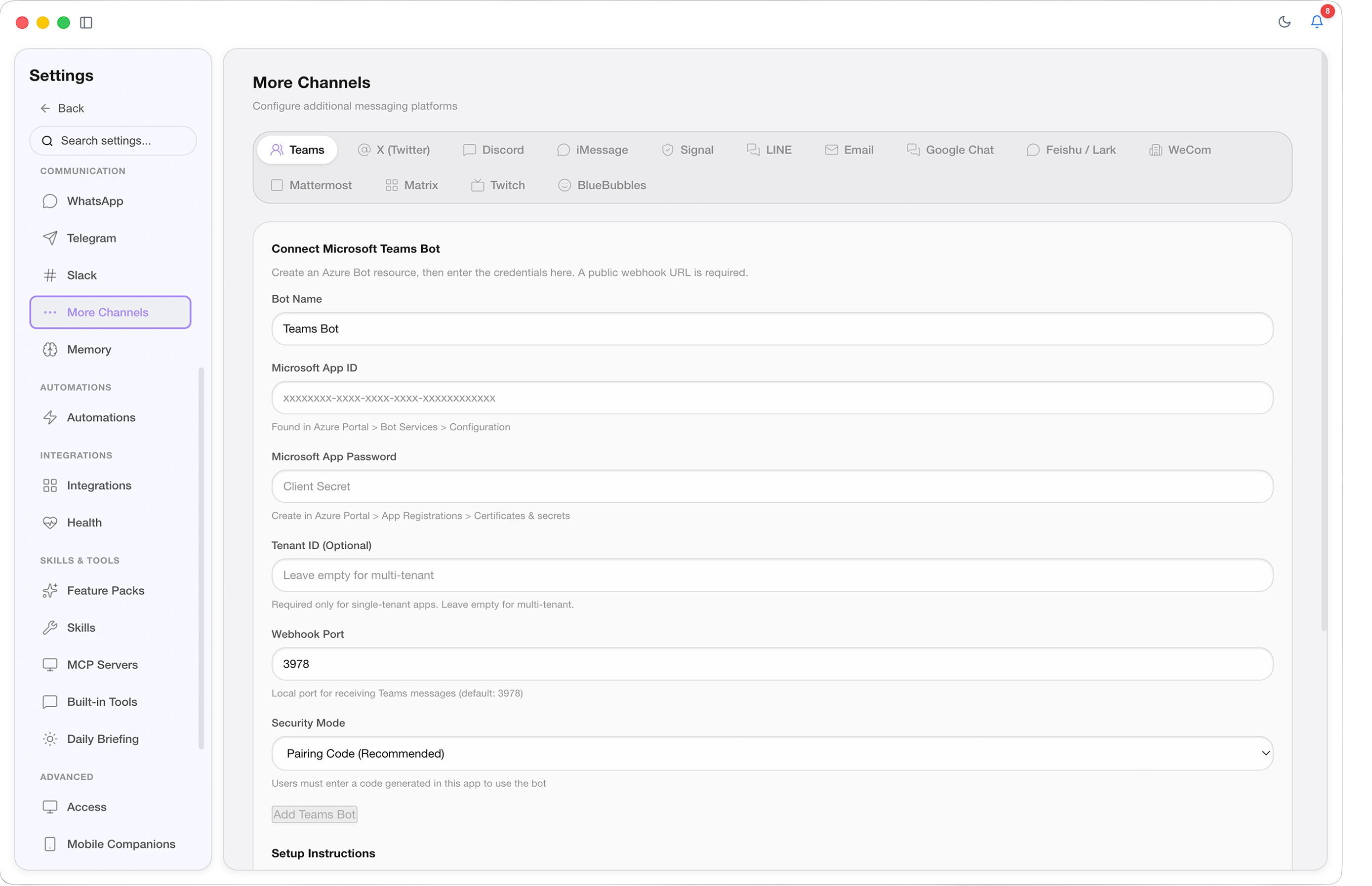 Messaging channel setup