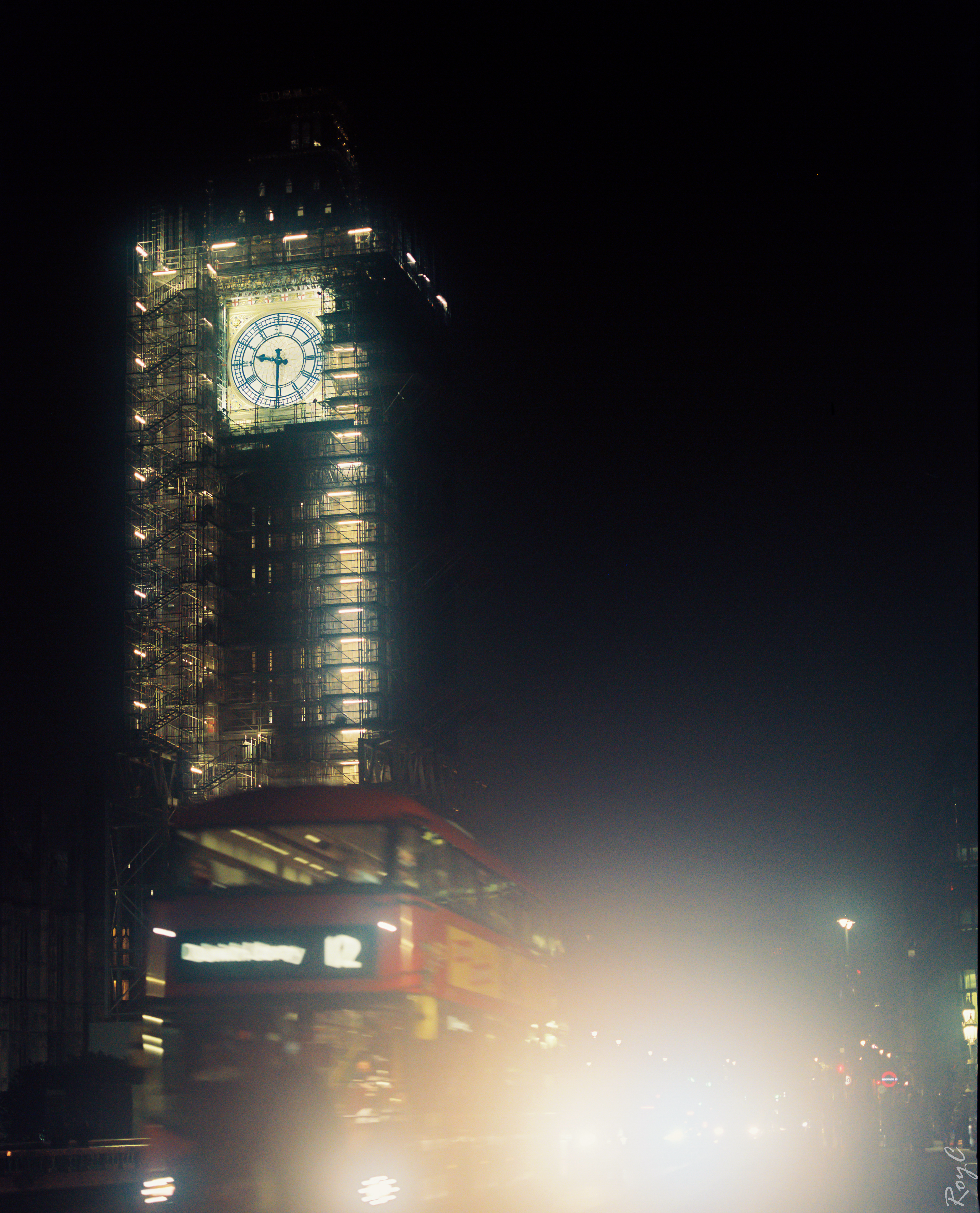 Big Ben under Construction with Red Bus, Night