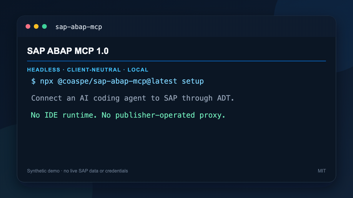 Synthetic terminal walkthrough of setup, repository inspection, ABAP Unit and ATC, and transport assessment