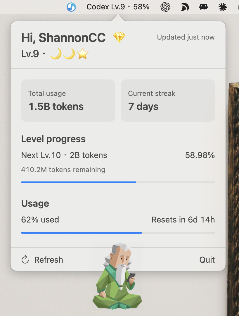 Codex Level showing a real Lv.9 account with lifetime Token usage, level progress, and weekly usage
