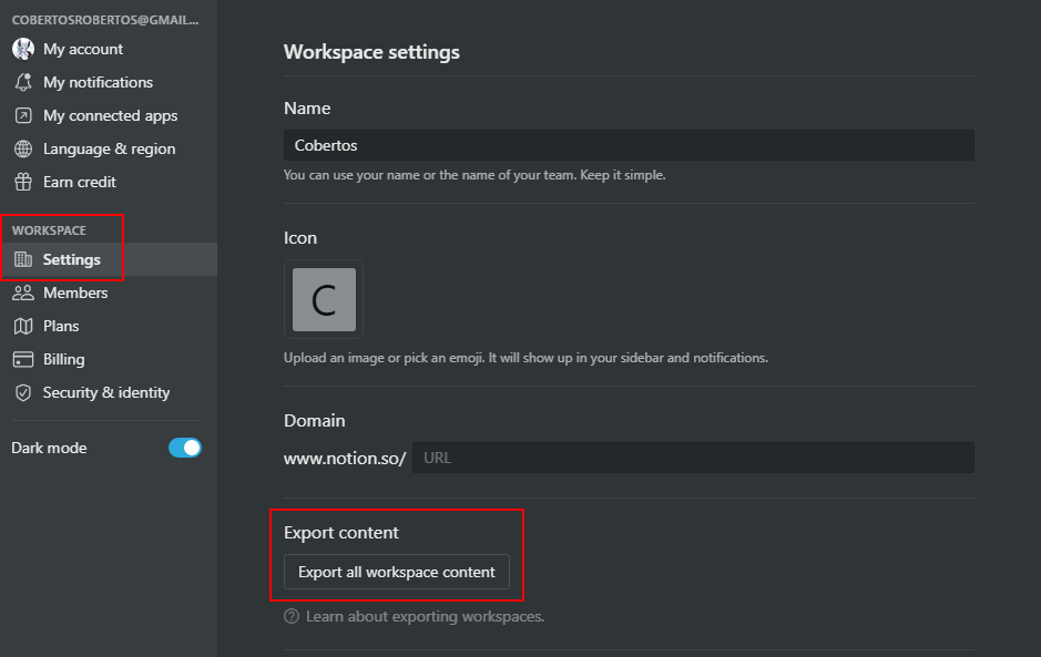 Notion export menu for where to export workspace