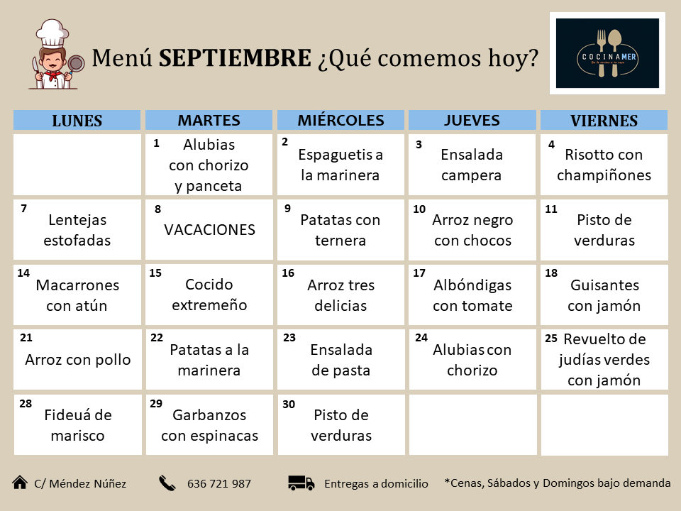 Menú diario de comida casera COCINAMER en Almendralejo