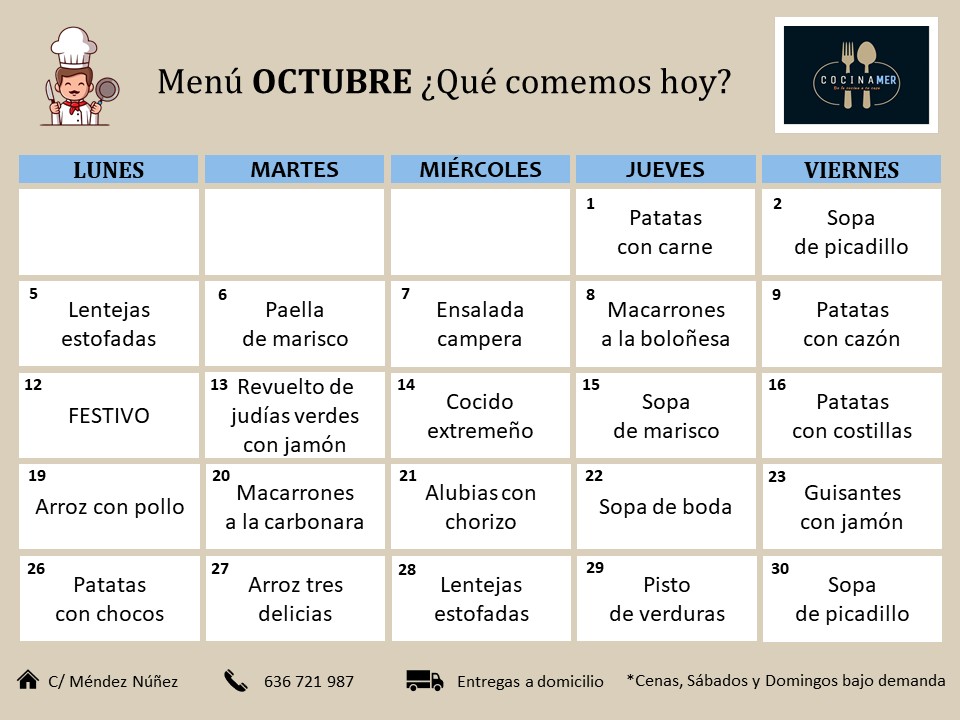 Menú diario de comida casera COCINAMER en Almendralejo