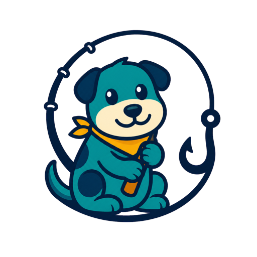 A teal dog holding a fishing rod whose line ends in a hook