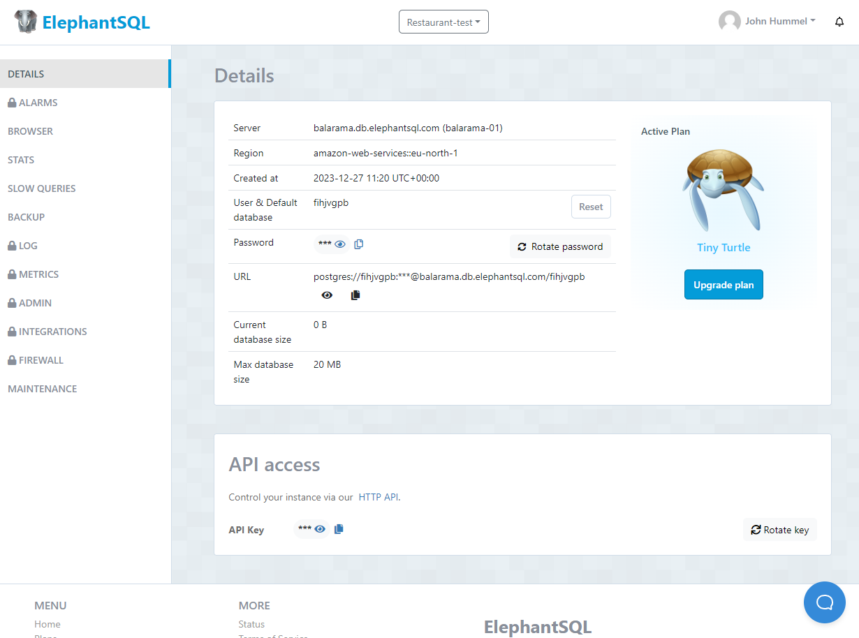 elephantsql Data Base page