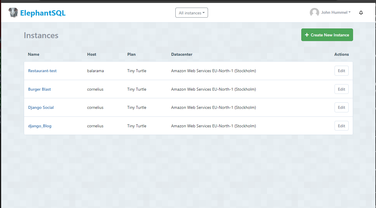 elephantsql loggedin page