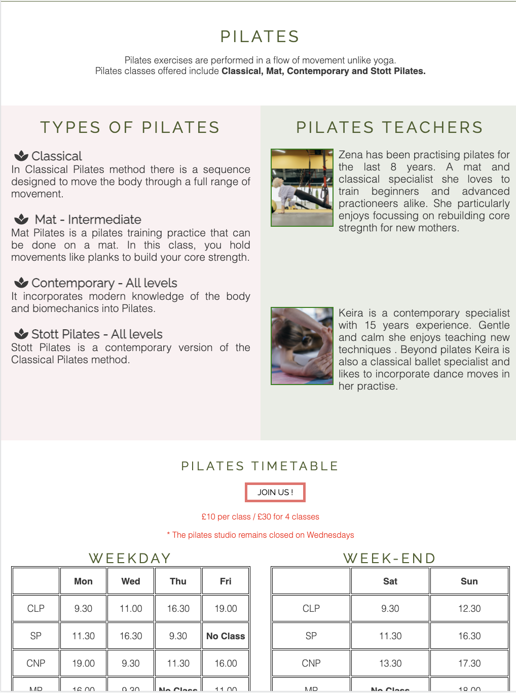 pilates section screenshot