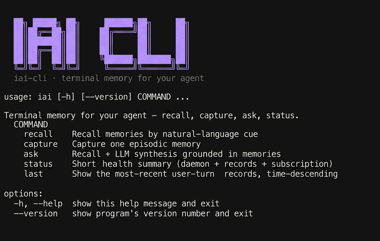 iai — terminal memory for your agent