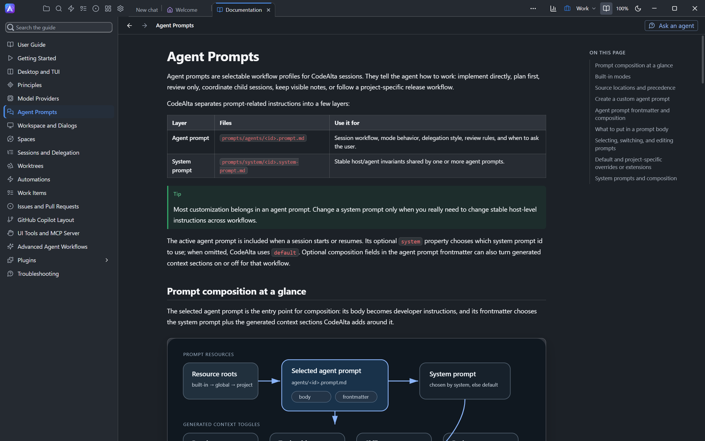 The shipped Documentation tab with page navigation, an outline and Ask an agent