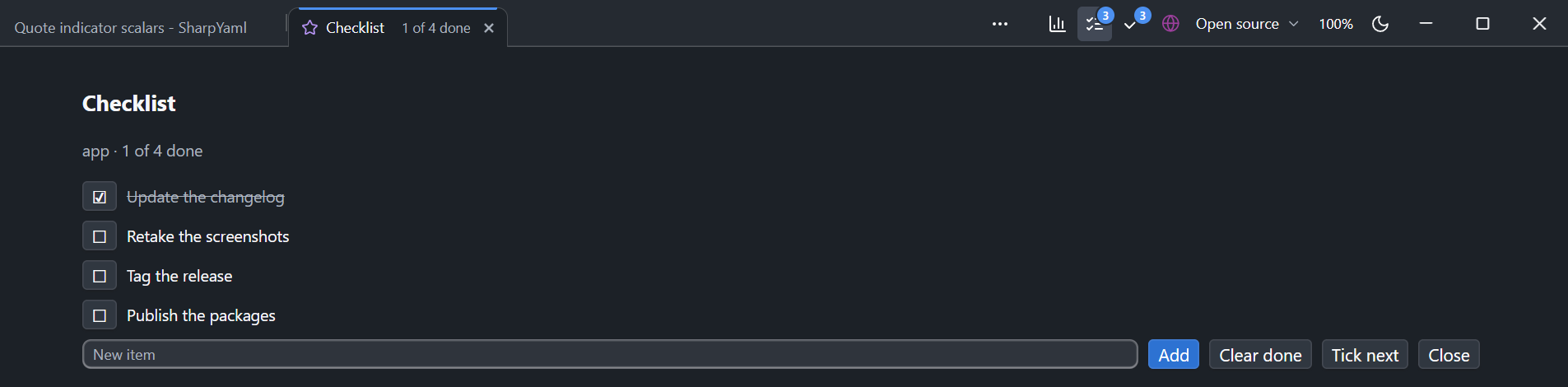 Plugin buttons in the title bar, with a checklist and its remaining-item badge