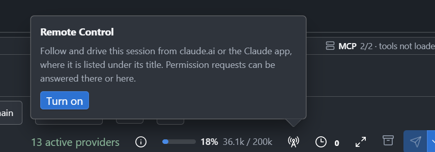 The Remote Control popover, off until it is enabled for the session