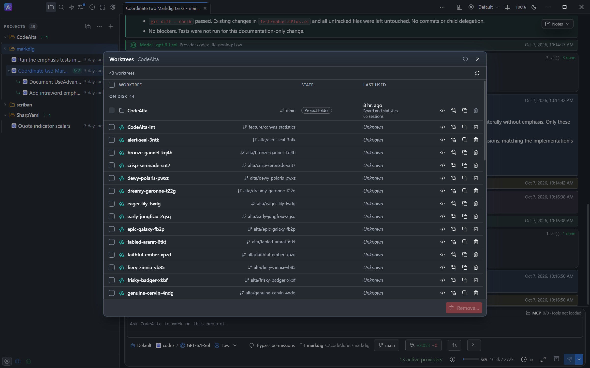 The Worktrees window with checkout branches, last-used sessions and actions
