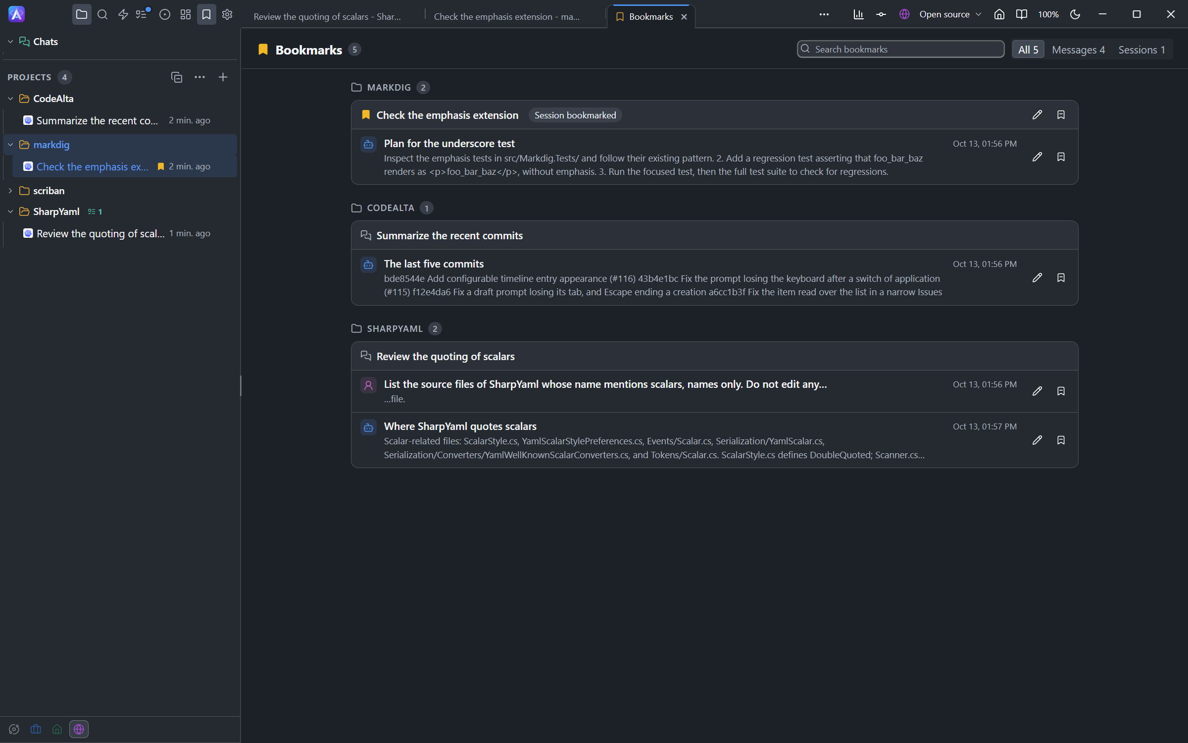 The Bookmarks tab with the bookmarked messages and sessions of three projects