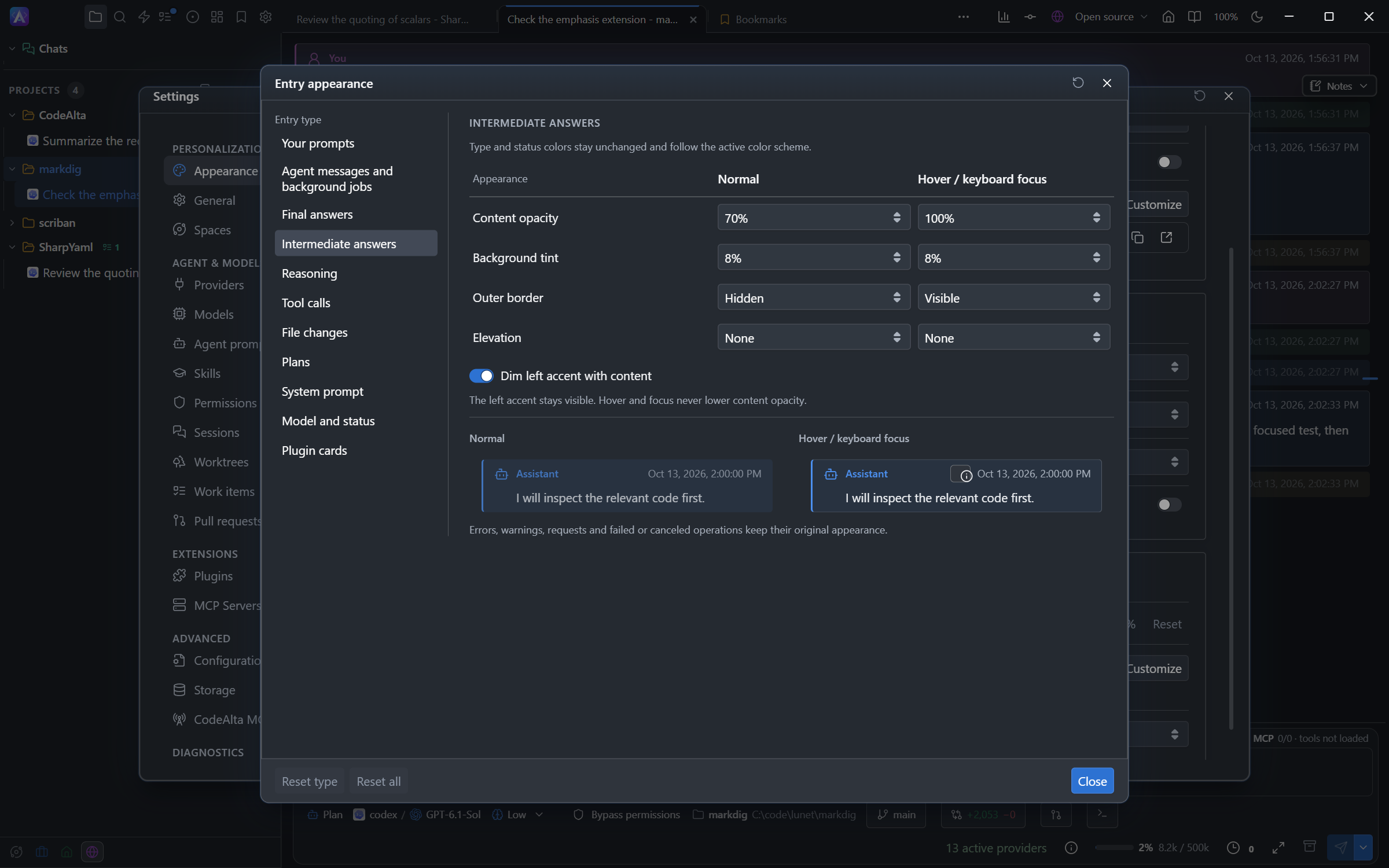 The Entry appearance window with the settings of the intermediate answers and a preview of their two states