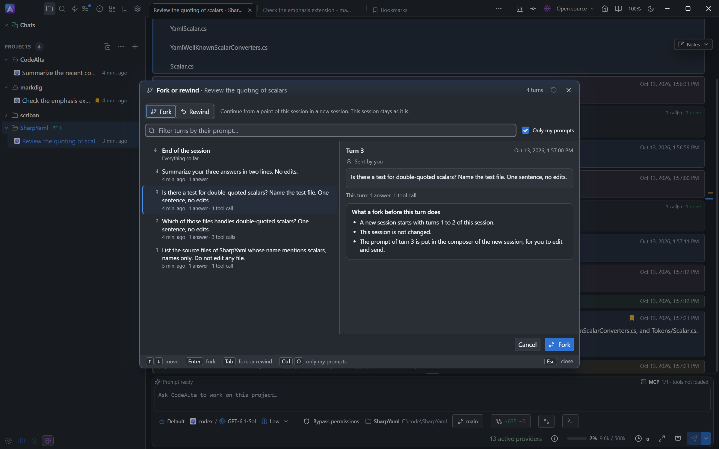 The Fork or rewind window listing the turns of a session, with what a fork at the selected turn does