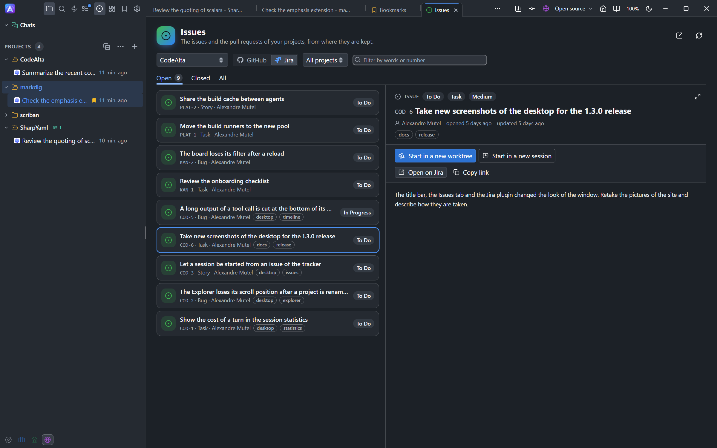 The Issues tab with the issues of three Jira projects, the choice of one project and an issue open