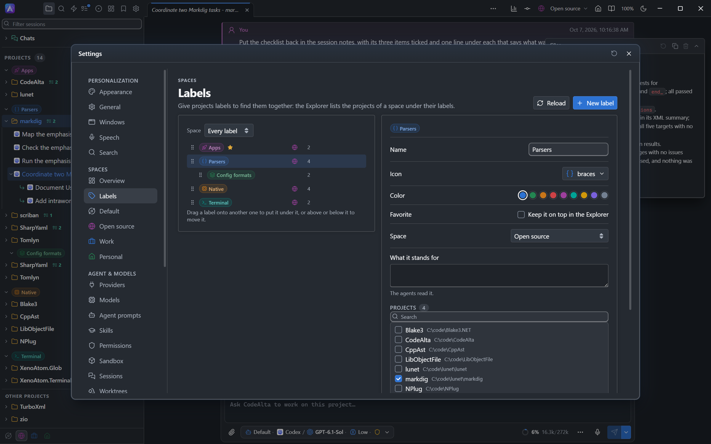 Settings › Labels: the tree of the labels with Parsers selected, and its form with its name, icon, color, space and projects