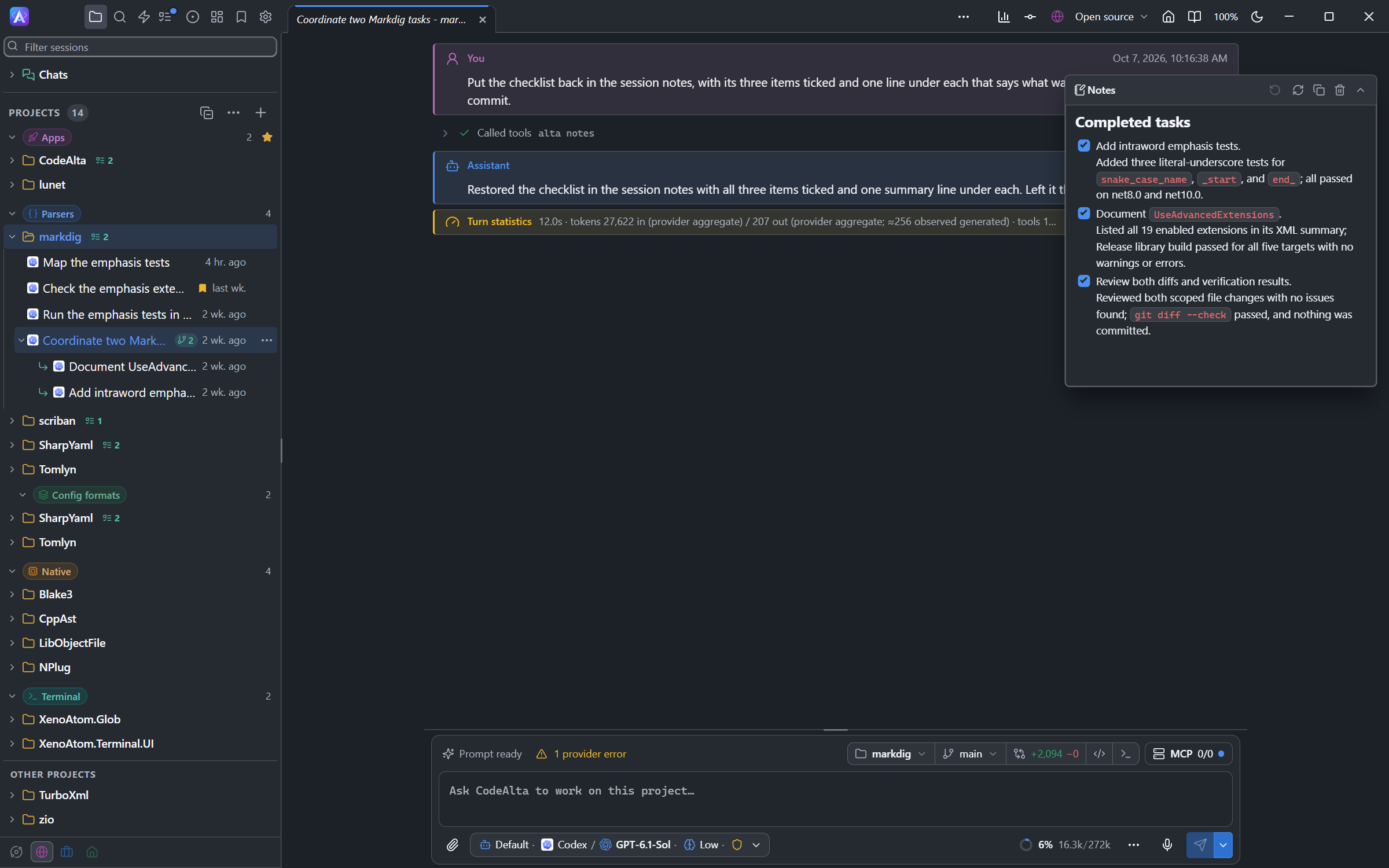 The Explorer of the Open source space with its projects under the labels Apps, Parsers, Config formats, Native and Terminal, beside a Markdig session