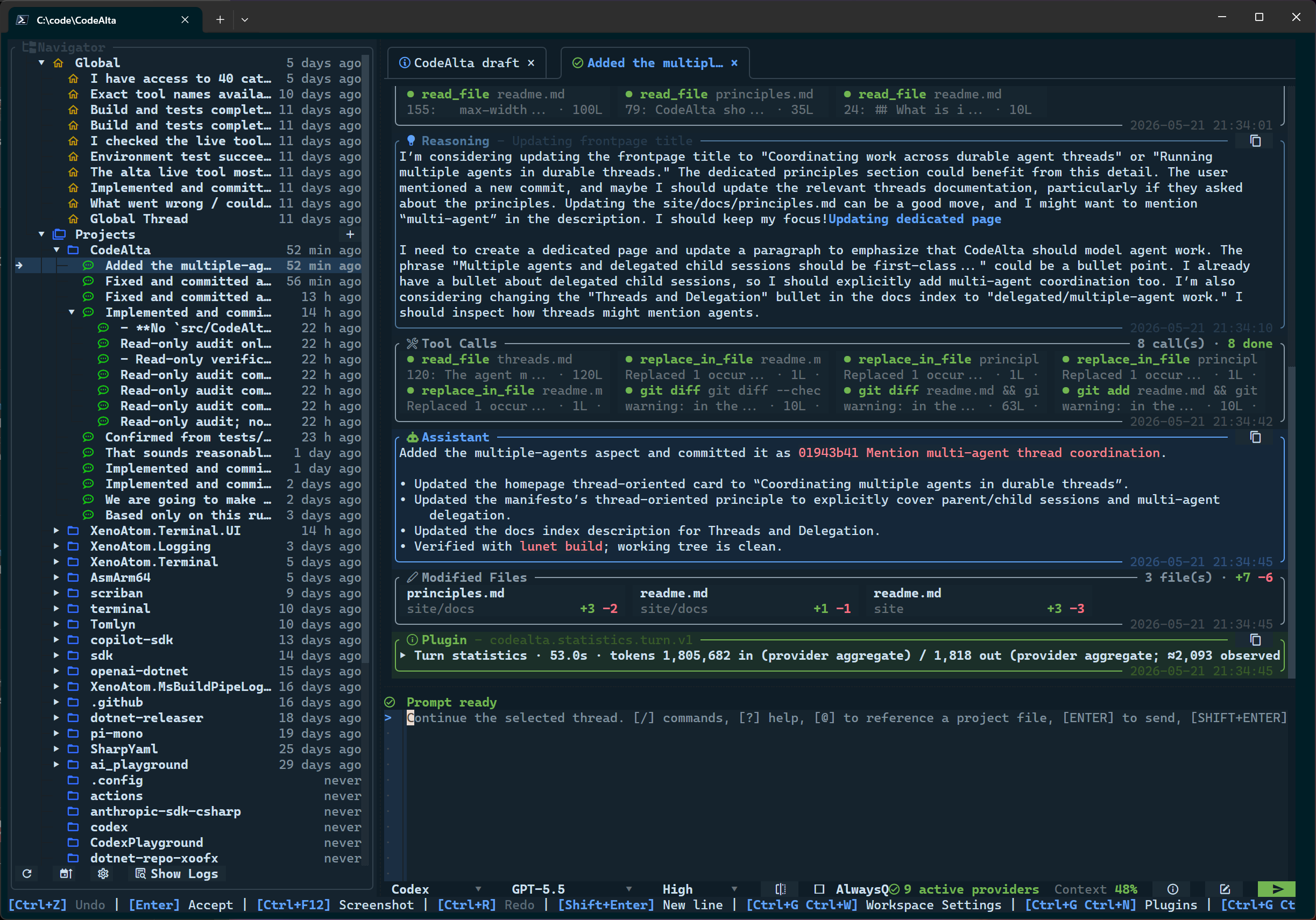 CodeAlta terminal workspace using the default dark theme