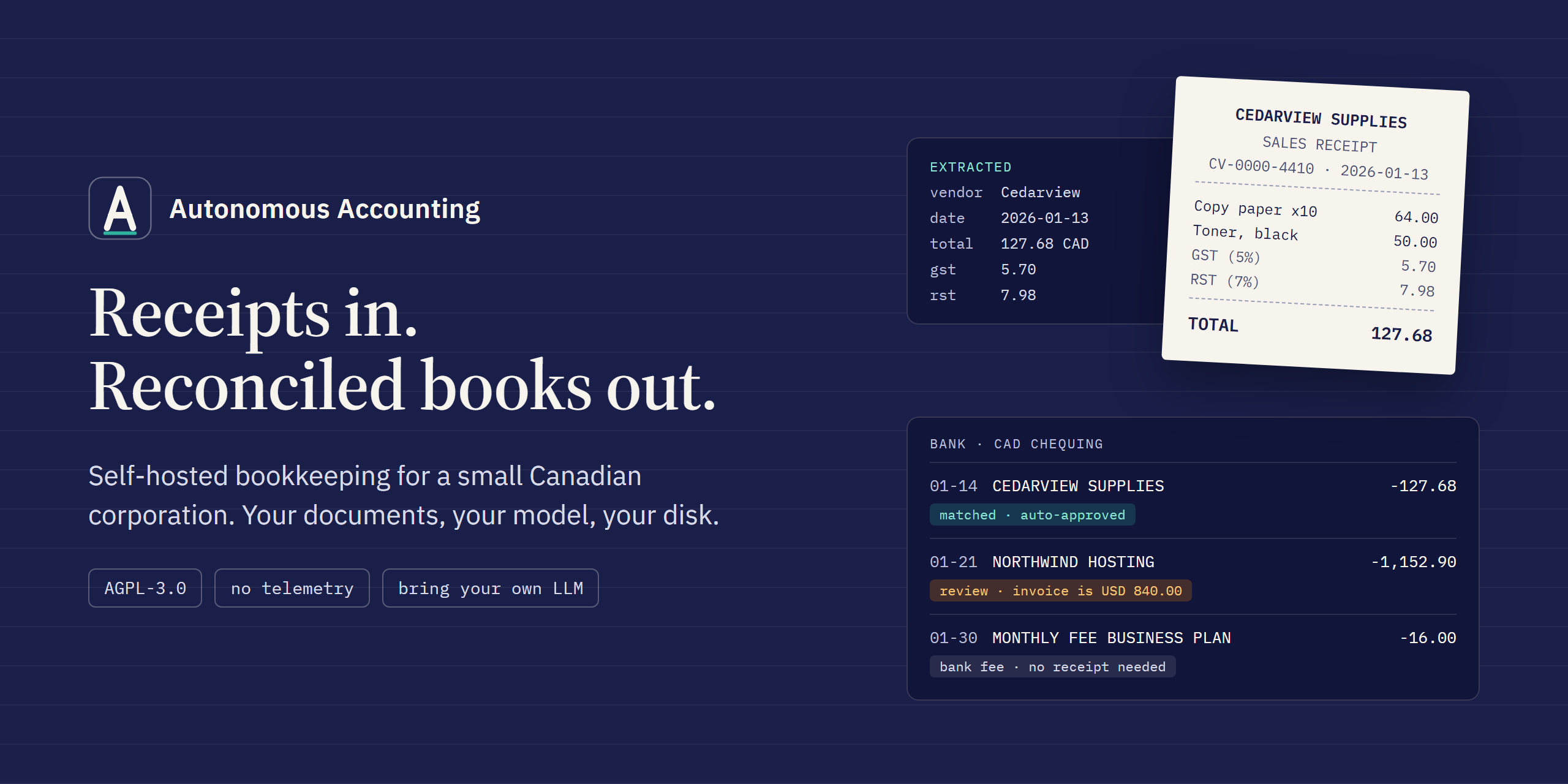 Autonomous Accounting — Receipts in. Reconciled books out. Self-hosted bookkeeping for a small Canadian corporation.