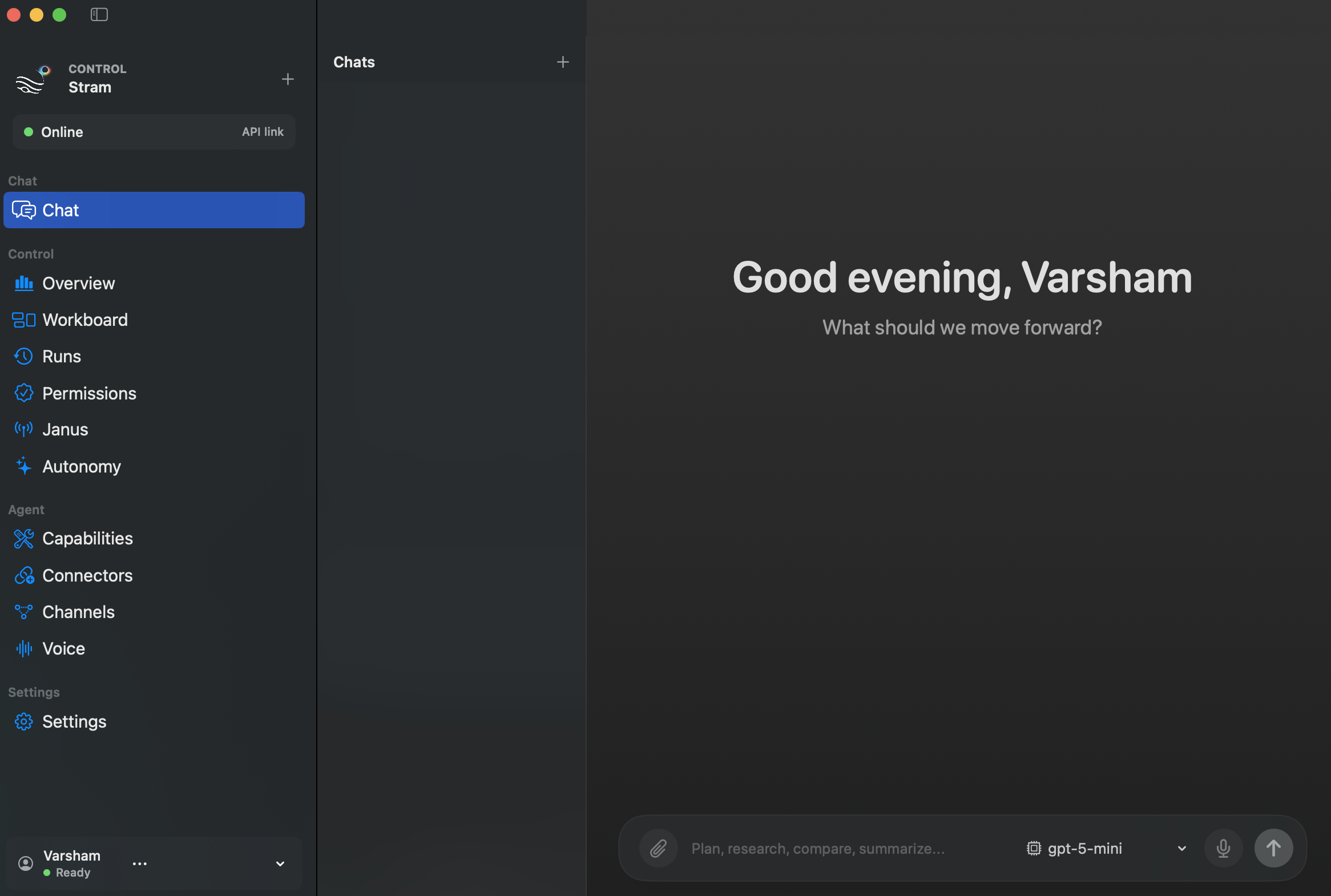 Stram macOS app showing the local assistant dashboard