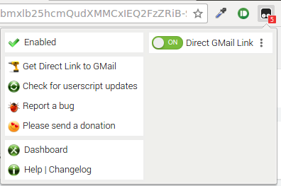TamperMonkey Menu with "Direct Gmail" button