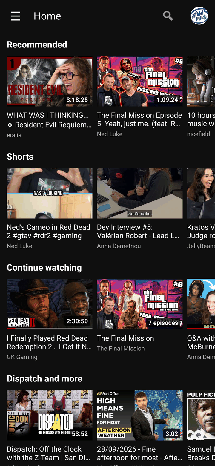 Home feed with Recommended, Shorts and Continue watching rows