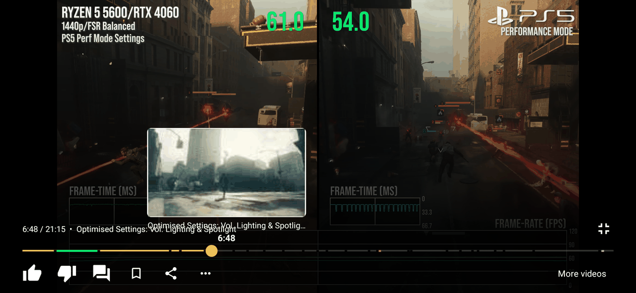 Landscape player dragging the seek bar: preview frame with chapter title, SponsorBlock segment and chapter marks