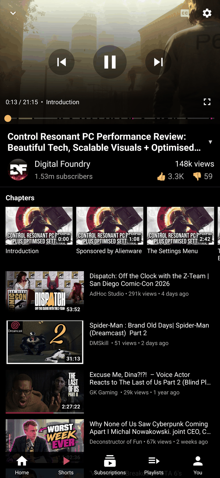 Portrait player with Modern controls, chapter name, SponsorBlock and chapter marks on the seek bar, and the Chapters strip above up-next