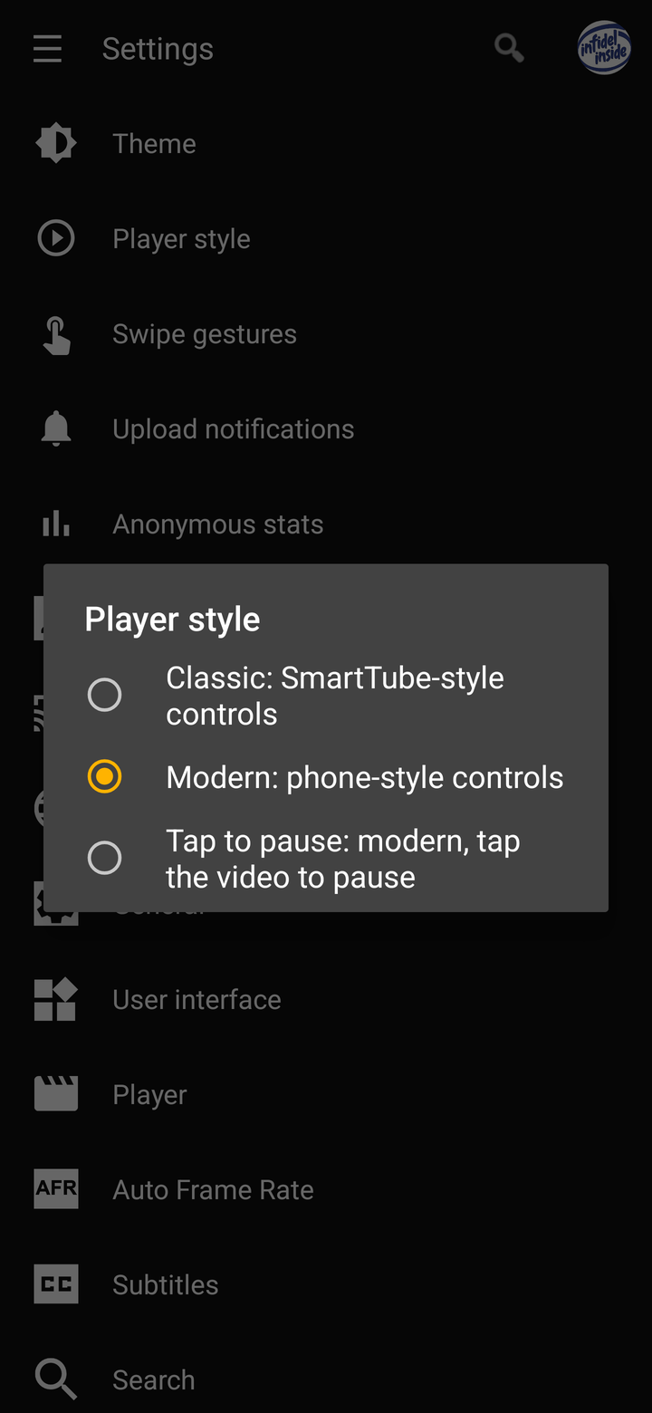 Settings with the Player style picker: Classic, Modern or Tap to pause